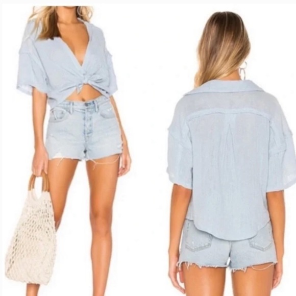 We The Free “Full of Light” Cropped Misty Blue Short Sleeve Textured Top - Picture 4 of 15